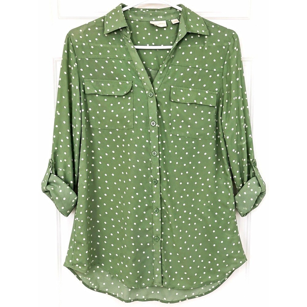 New York & Company Women’s M Green White Polka Dot Collared Button-Up Shirt